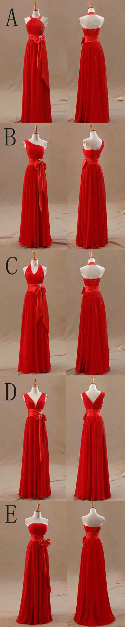 A Line Mismatched Junior Red Long Bridesmaid Dresses with Bow, BG51283