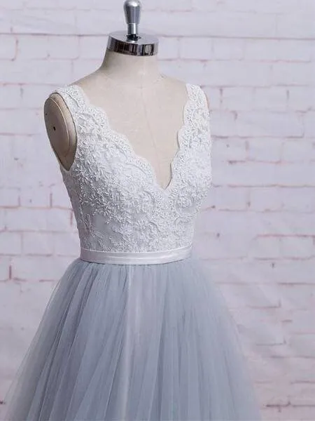 A-line V-neck Ivory Lace Bodice Grey Tulle Skirt Chapel Train Prom Dresses, QB0275