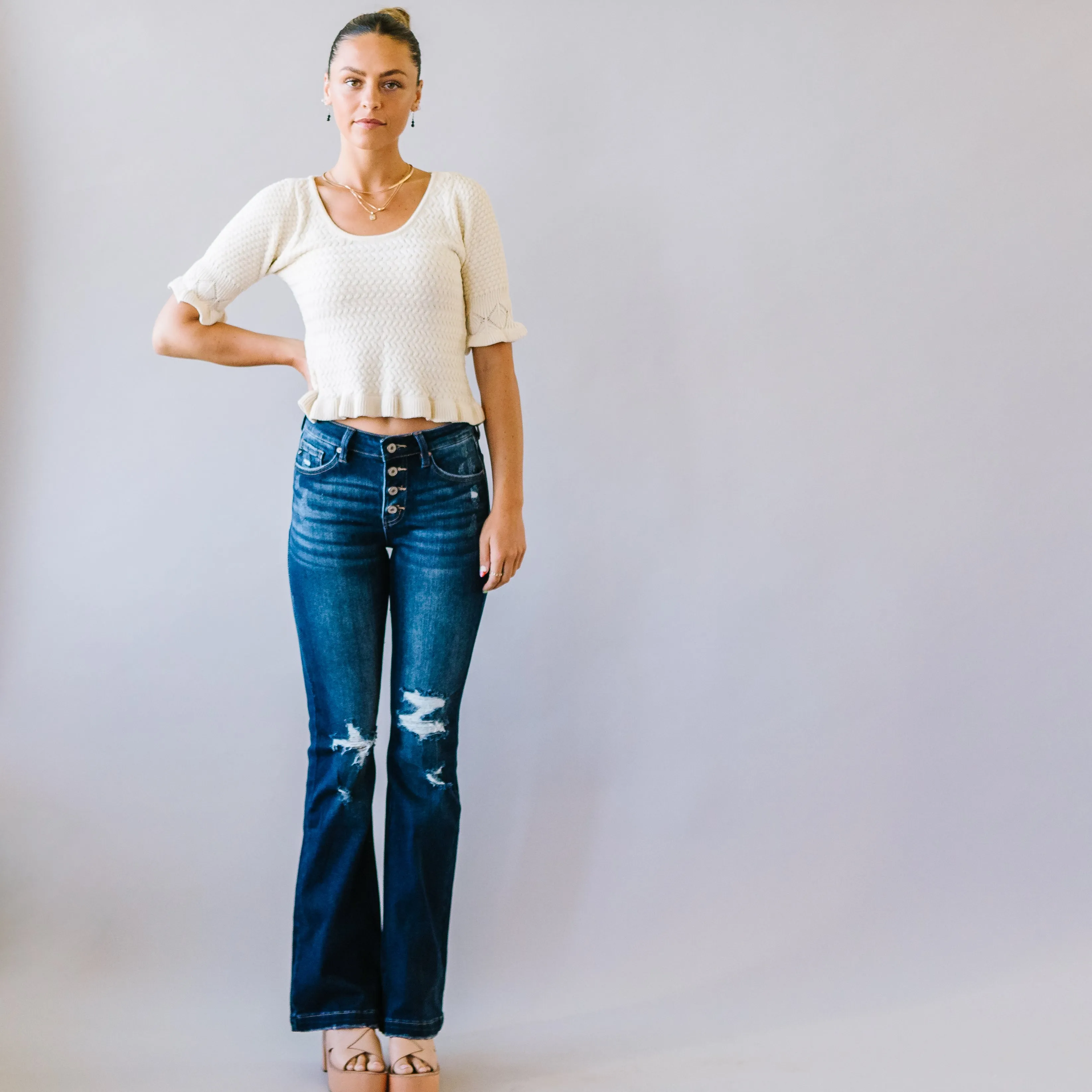 Abigail Petite Fit Button-fly Flares by Kancan