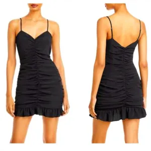AQUA by Bloomingdales Ruched Ruffled Hem Bodycon Cami Dress in Black M NWT