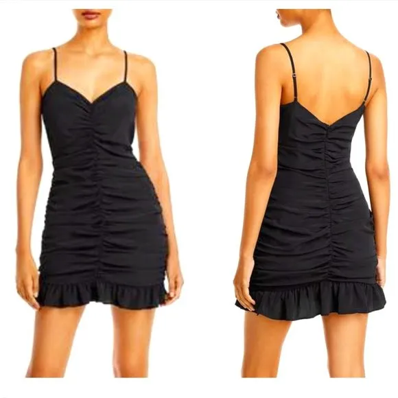 AQUA by Bloomingdales Ruched Ruffled Hem Bodycon Cami Dress in Black M NWT
