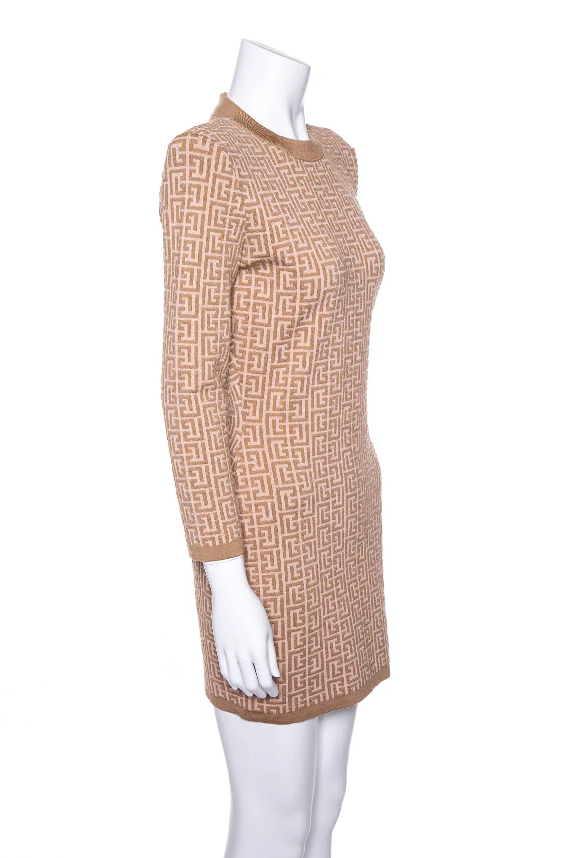 Balmain Beige and Camel Printed Knit Long Sleeve Fitted Dress SZ 40