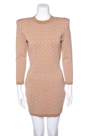 Balmain Beige and Camel Printed Knit Long Sleeve Fitted Dress SZ 40