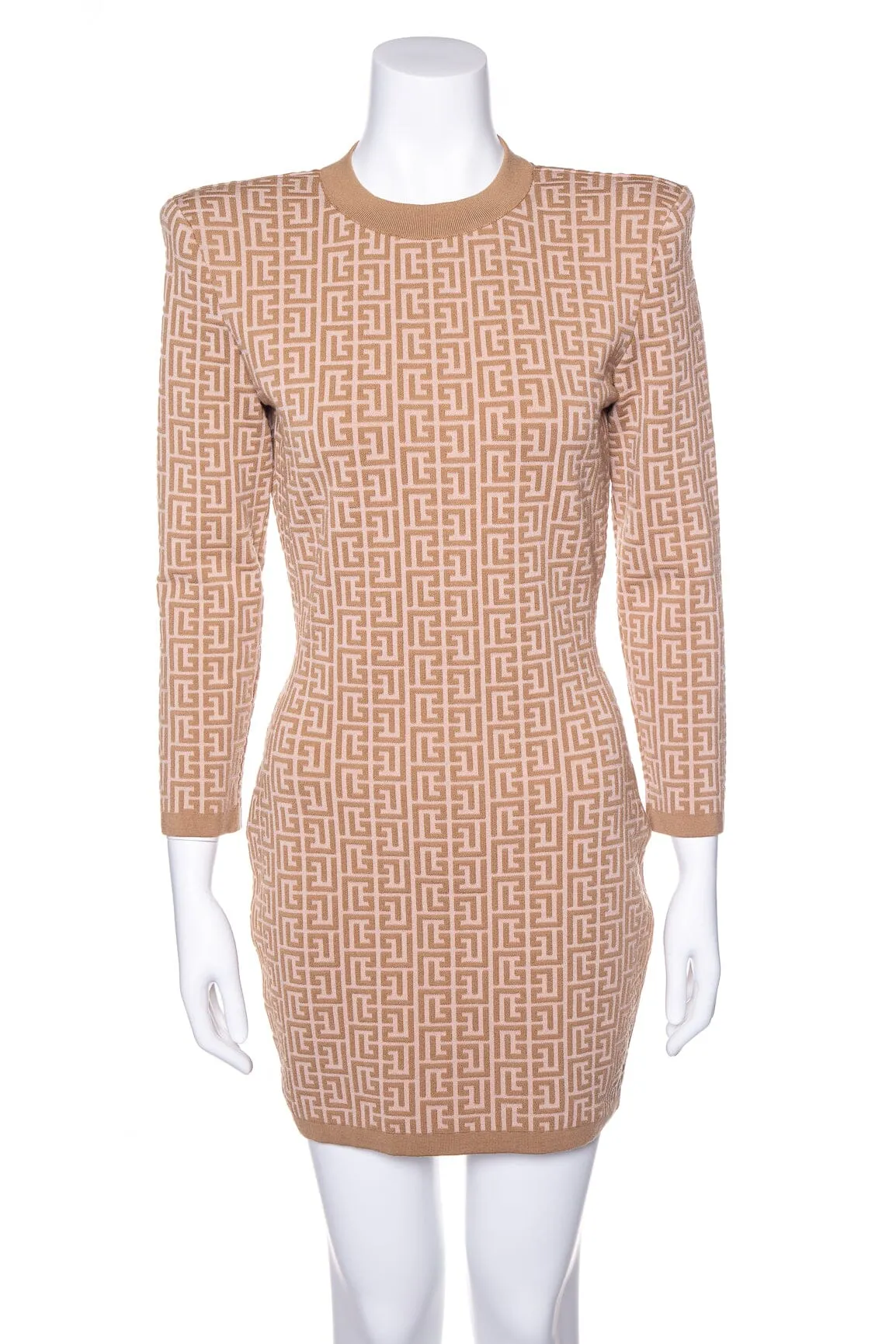 Balmain Beige and Camel Printed Knit Long Sleeve Fitted Dress SZ 40
