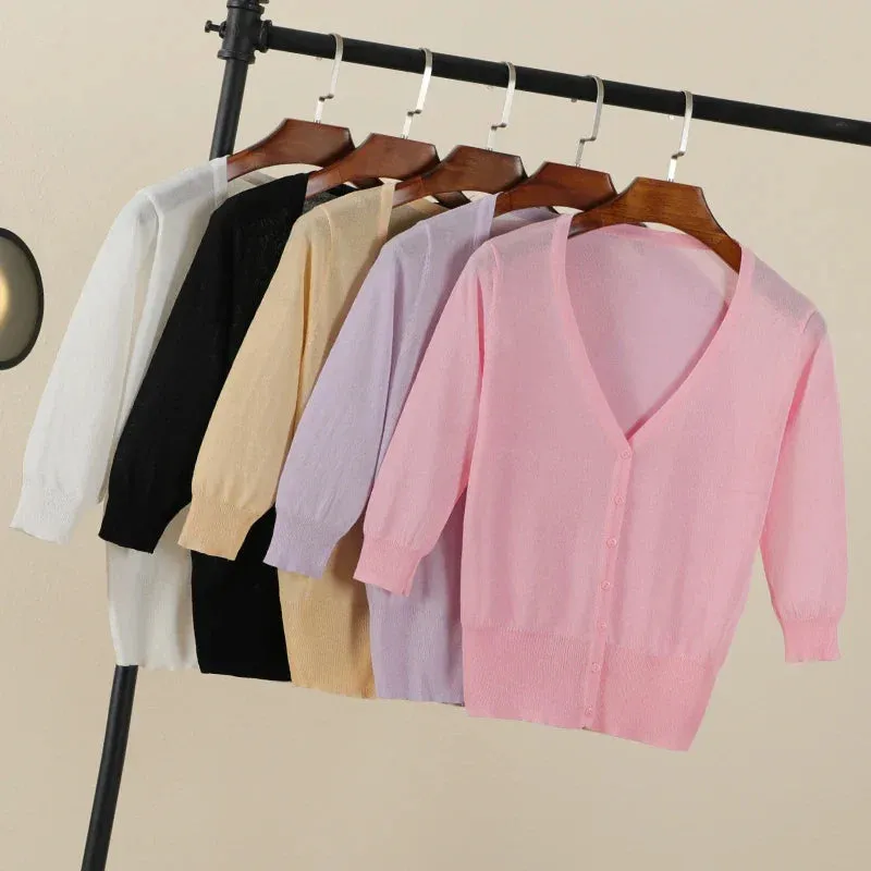 Basic Outerwear Summer Cardigan Women Girls Knitted Ladies Sweaters Cropped Crochet Top Knitwear Black Bolero Woman Jersey Tops