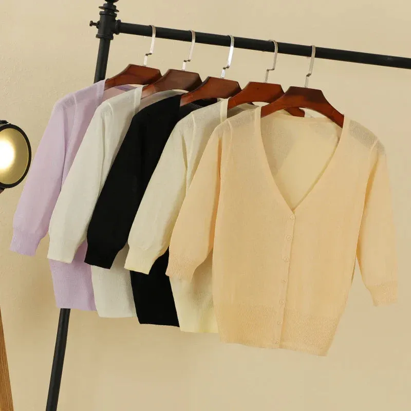 Basic Outerwear Summer Cardigan Women Girls Knitted Ladies Sweaters Cropped Crochet Top Knitwear Black Bolero Woman Jersey Tops
