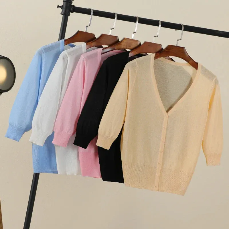 Basic Outerwear Summer Cardigan Women Girls Knitted Ladies Sweaters Cropped Crochet Top Knitwear Black Bolero Woman Jersey Tops