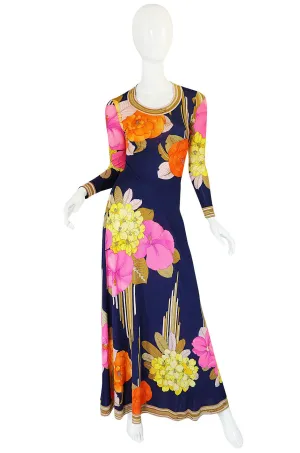 Beautiful 1970s Tropical Print Silk Jersey Leonard Maxi Dress