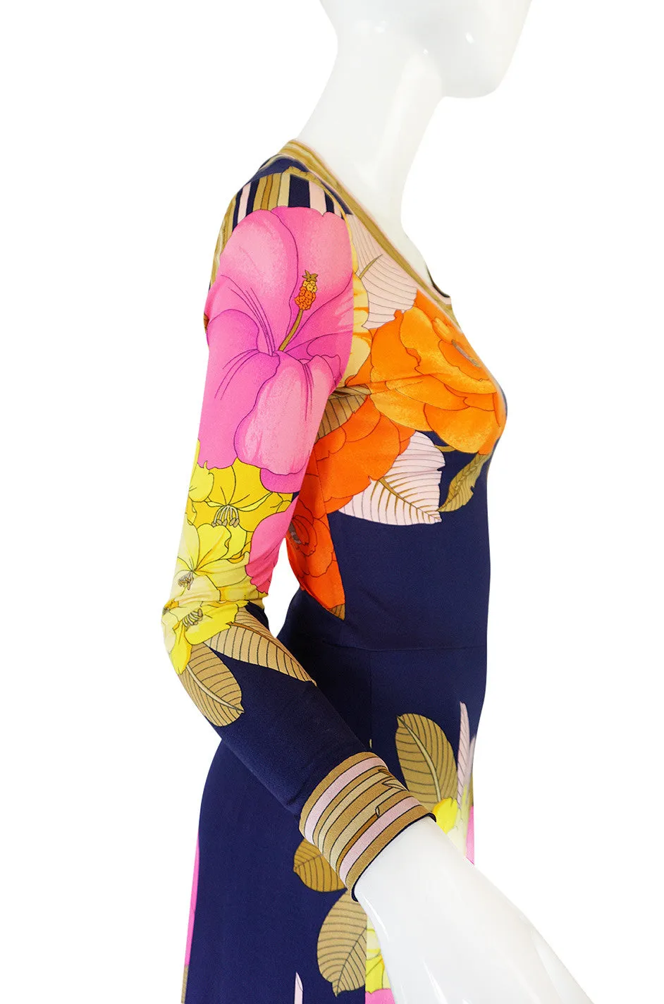 Beautiful 1970s Tropical Print Silk Jersey Leonard Maxi Dress