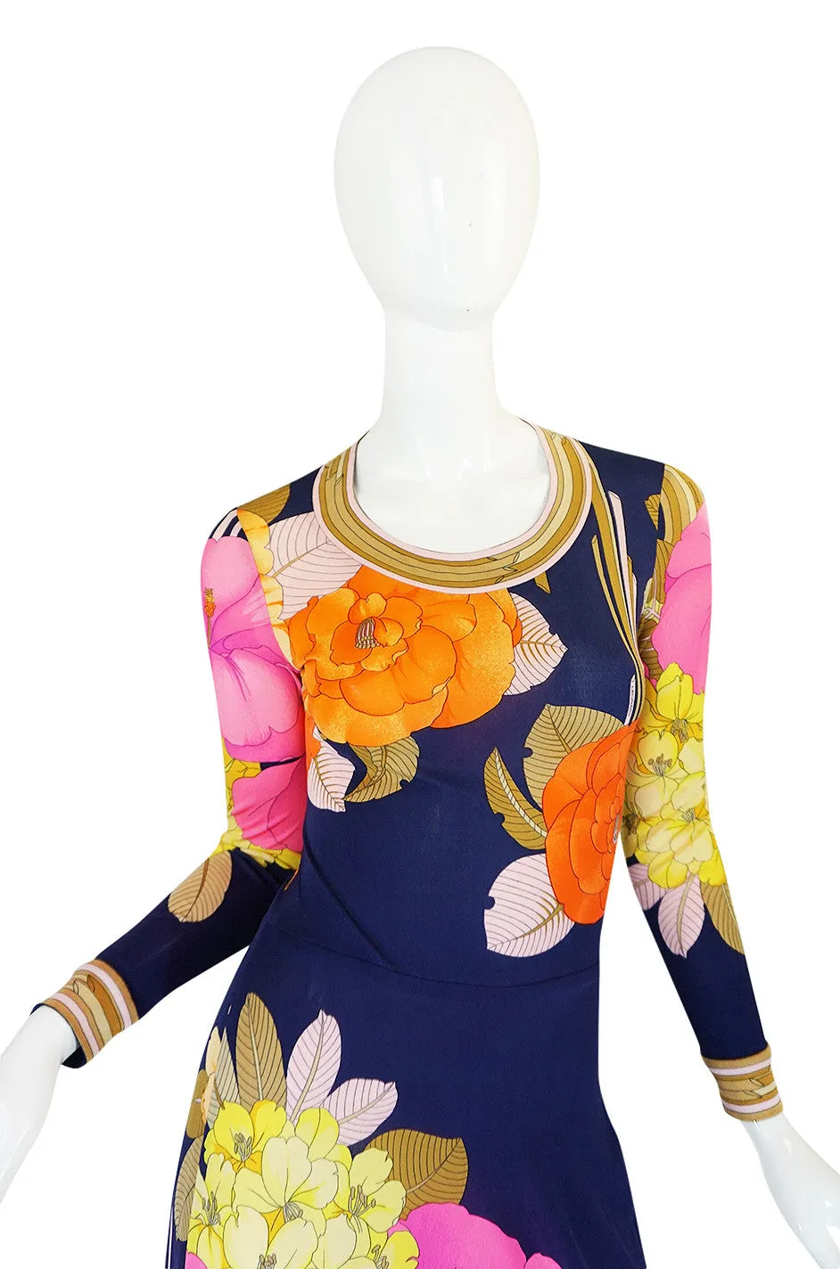 Beautiful 1970s Tropical Print Silk Jersey Leonard Maxi Dress