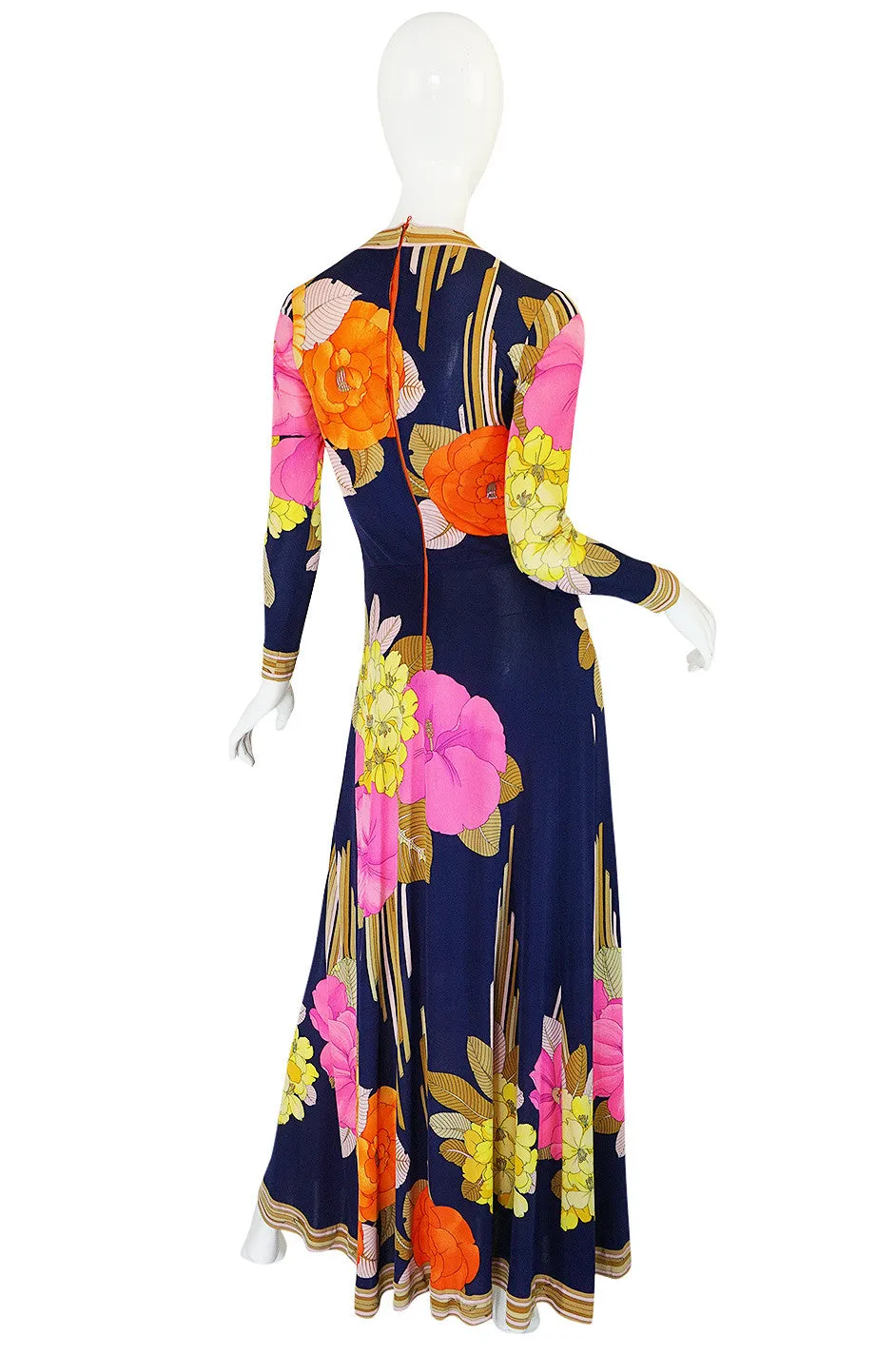 Beautiful 1970s Tropical Print Silk Jersey Leonard Maxi Dress