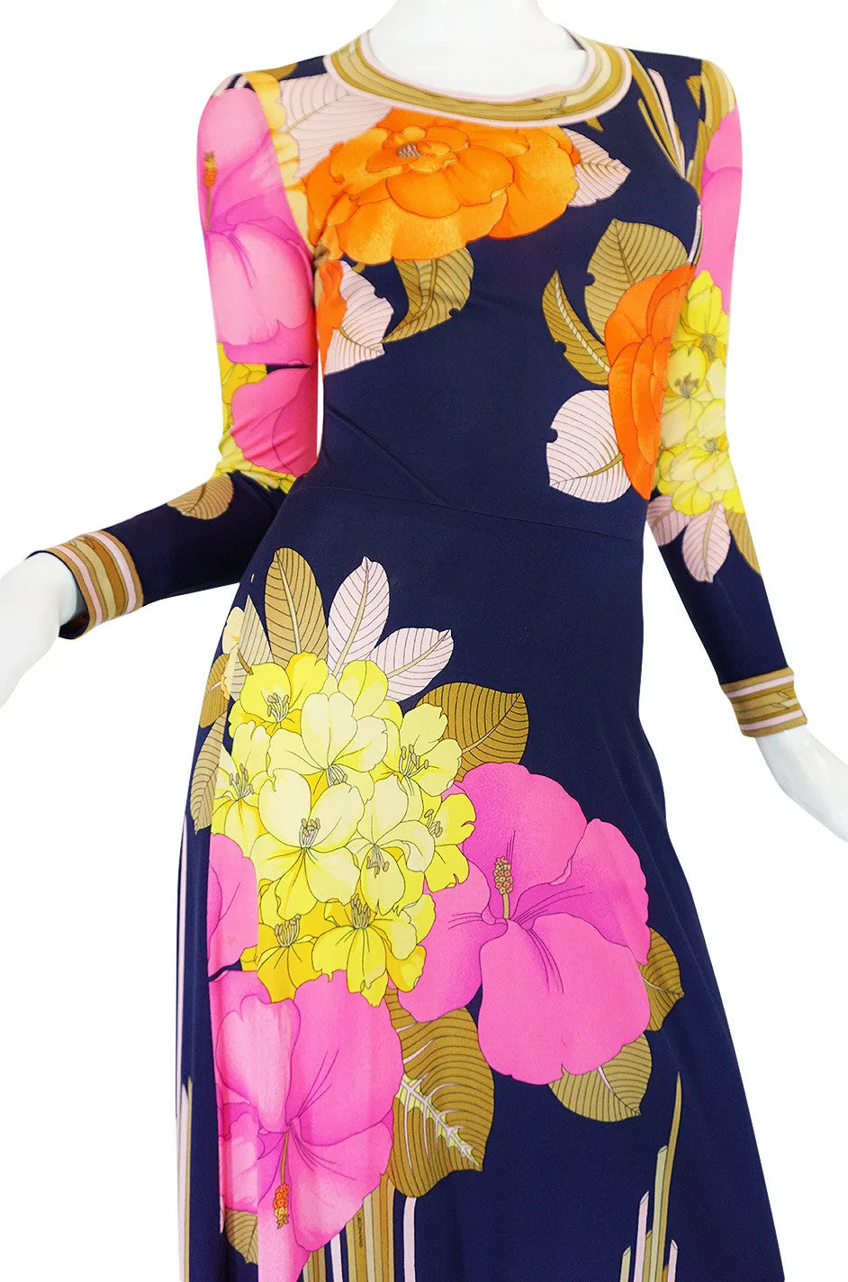 Beautiful 1970s Tropical Print Silk Jersey Leonard Maxi Dress