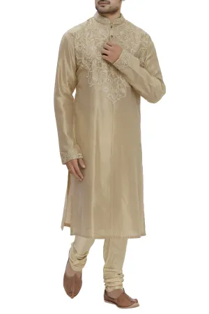 Beige Chanderi Silk Embroidered Kurta Set