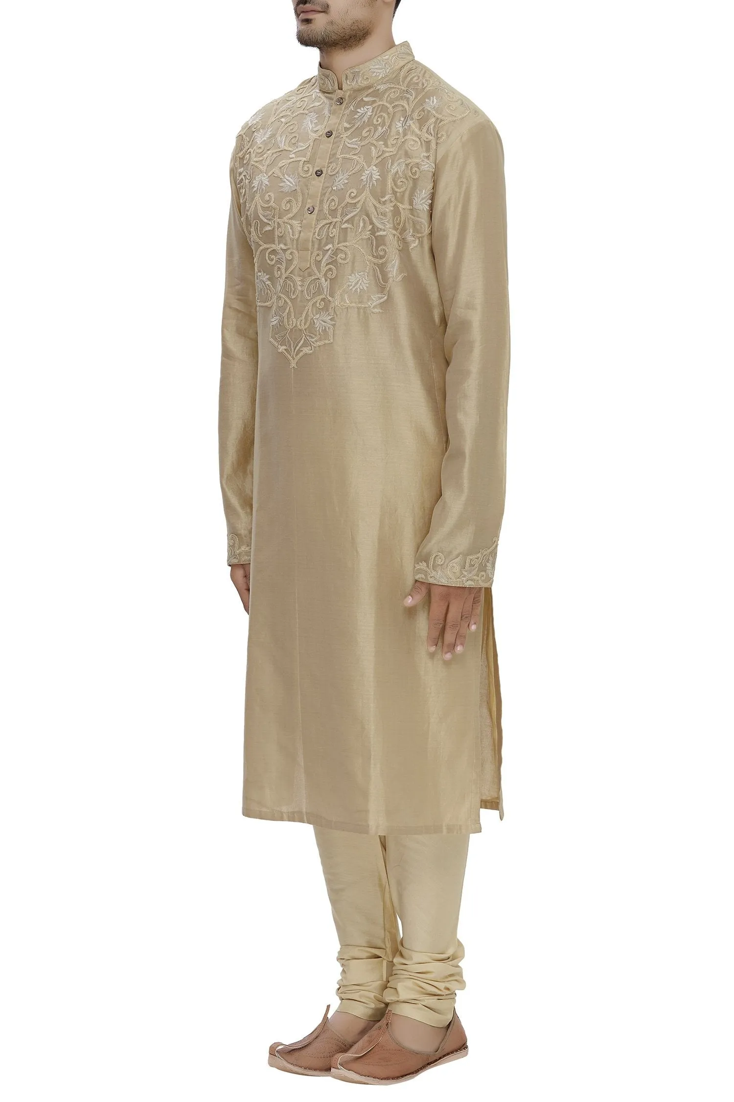 Beige Chanderi Silk Embroidered Kurta Set