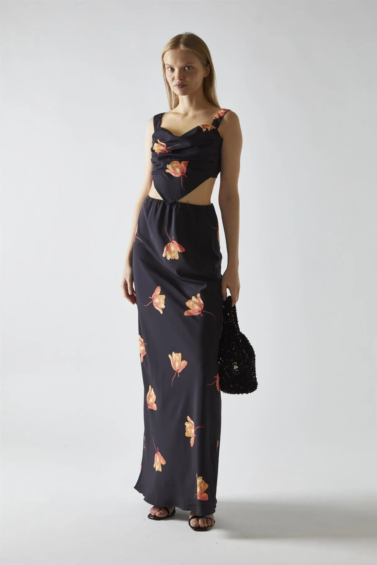 Black-Orange Flower Bias-Cut Maxi-Skirt