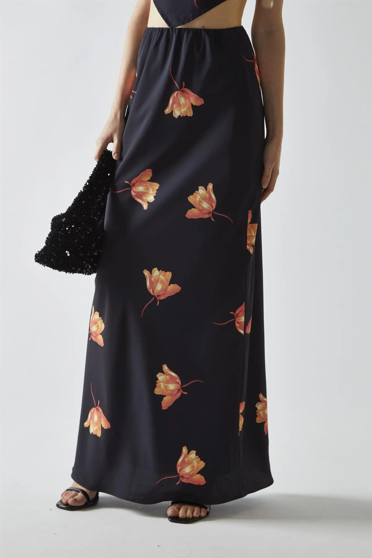 Black-Orange Flower Bias-Cut Maxi-Skirt