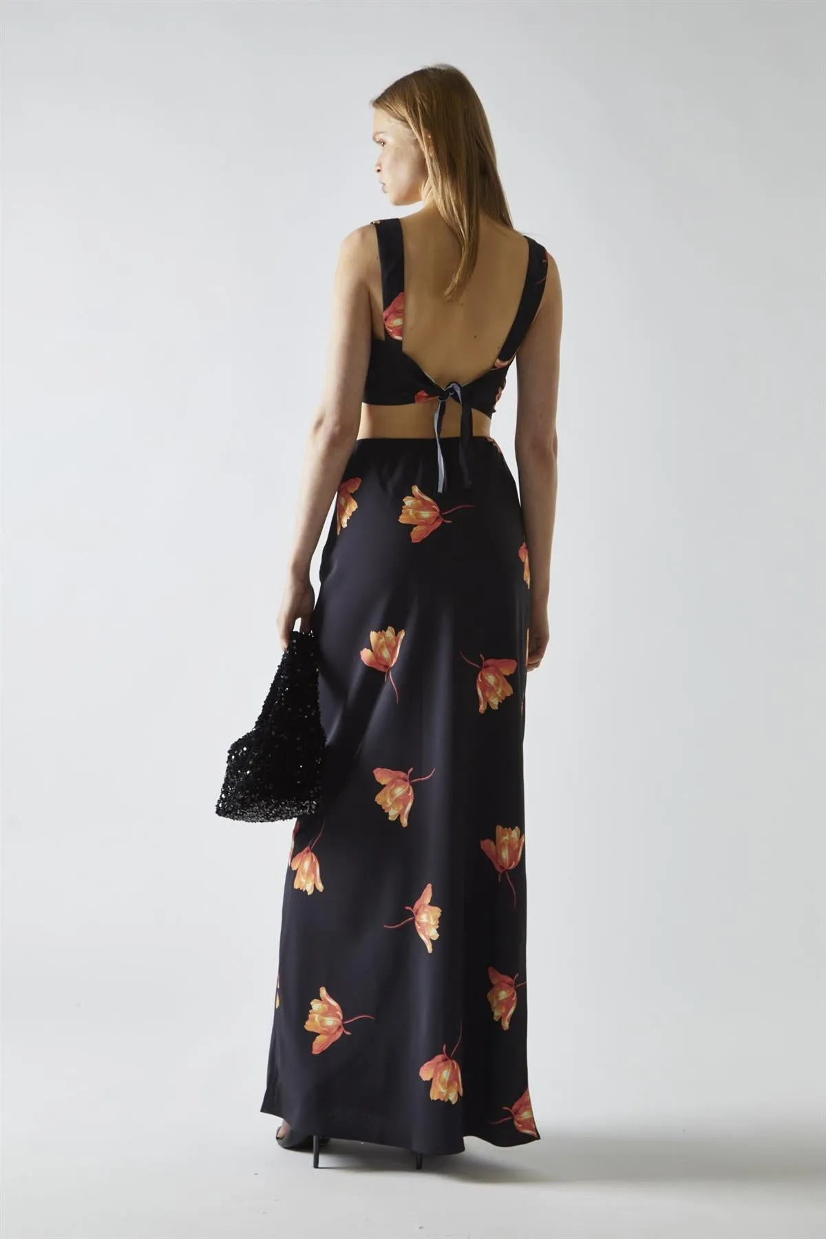 Black-Orange Flower Bias-Cut Maxi-Skirt