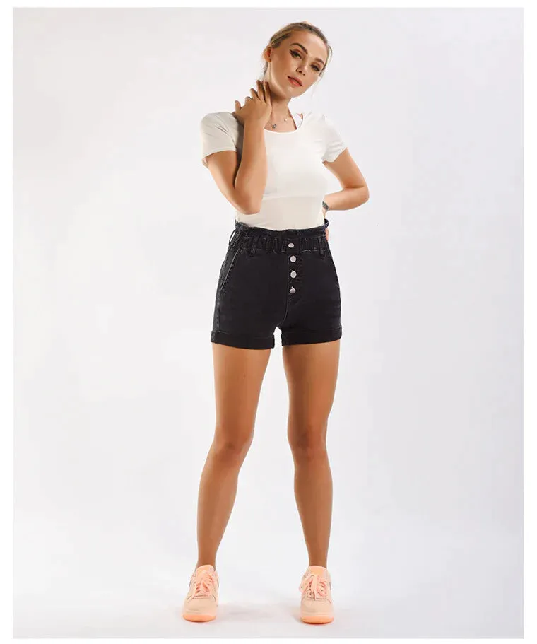 BLACK WIDE-LEGGED DENIM SHORTS