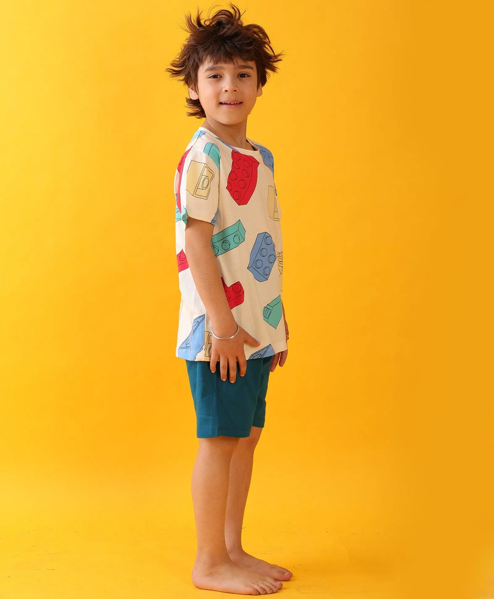 BLOCK BUILDER TEAL SLEEPWEAR SHORT SET - WHITE/TEAL
