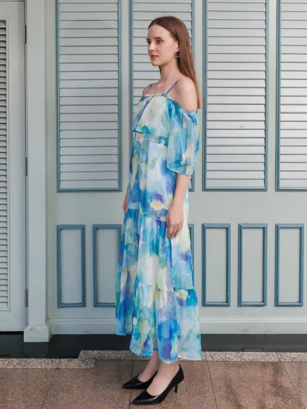 Blue Abstract Flared Maxi Dress
