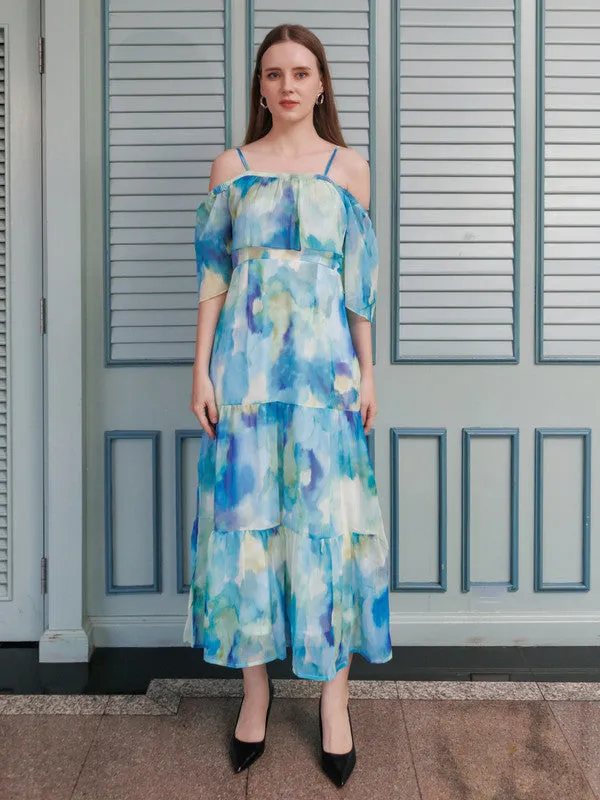Blue Abstract Flared Maxi Dress