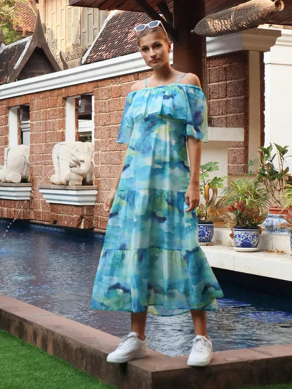Blue Abstract Flared Maxi Dress
