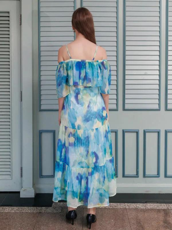 Blue Abstract Flared Maxi Dress