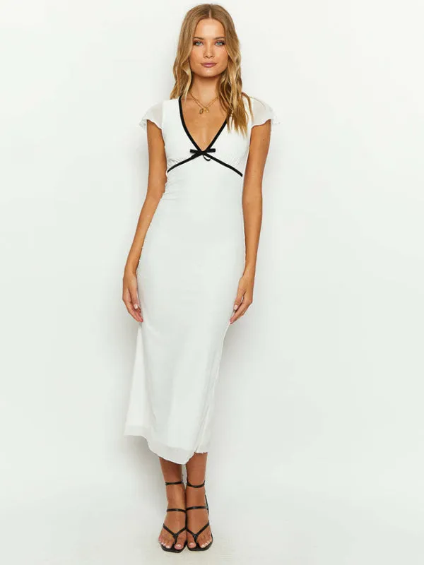 Bow Trim V-Neck Midi Dress with Fitted Silhouette