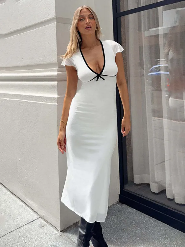 Bow Trim V-Neck Midi Dress with Fitted Silhouette