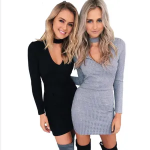 Brand Women Dress Halter V-Neck Long Sleeve Knitting Slim Party Dresses Women Clothing Winter Dress High