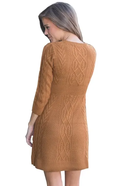 Cable Knit Fitted 3/4 Sleeve Sweater Dress