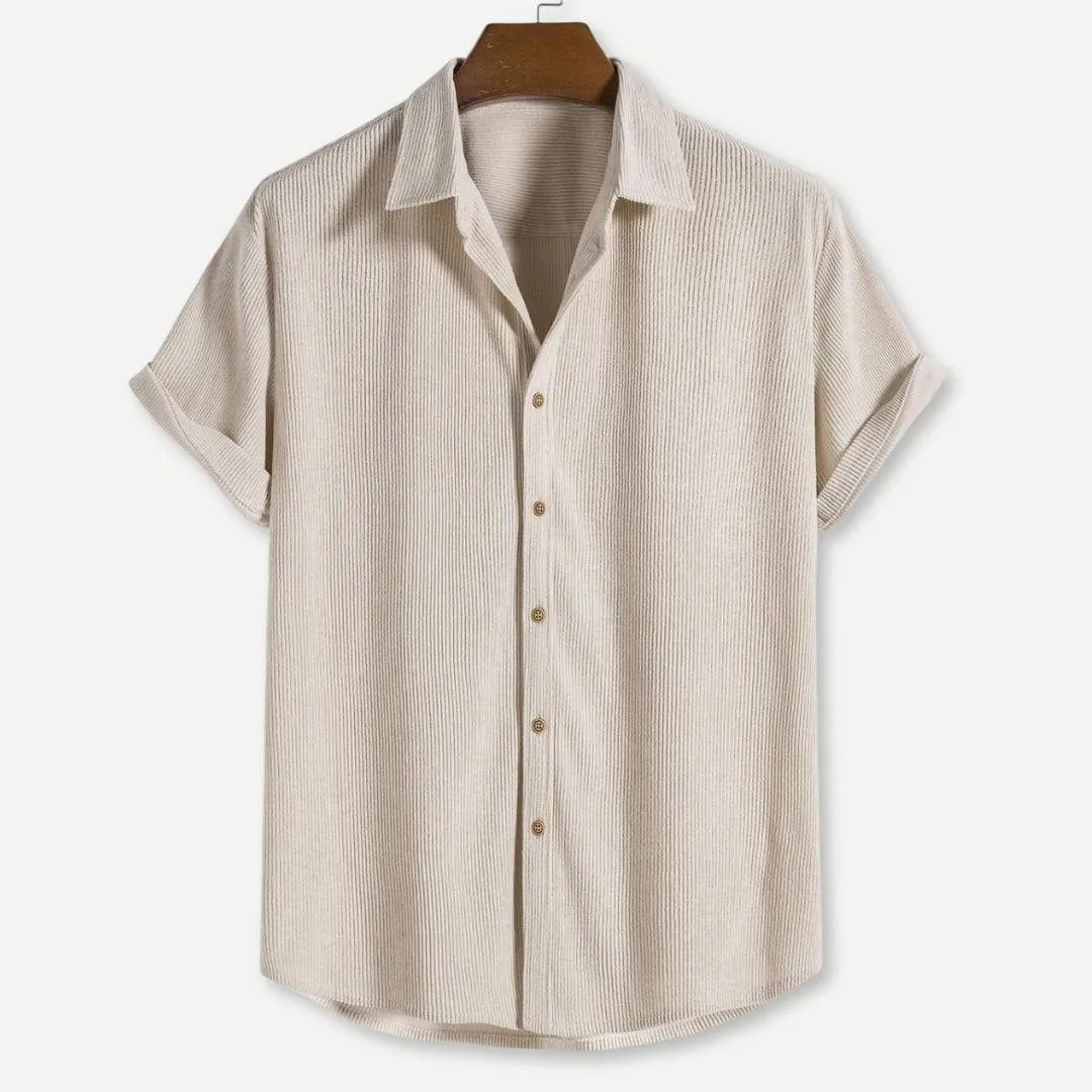 Casual Men's Corduroy Button-Up Shirt with Short Sleeves