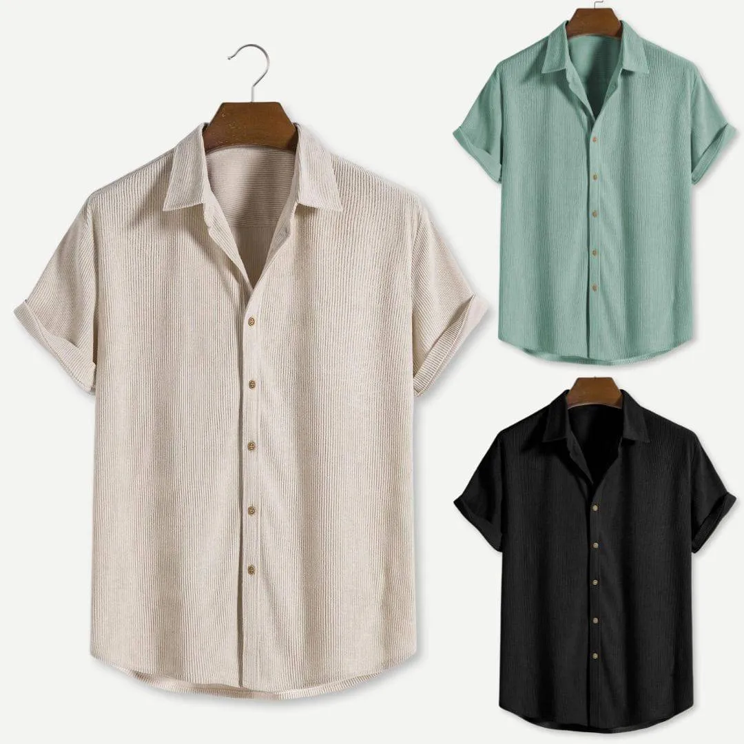 Casual Men's Corduroy Button-Up Shirt with Short Sleeves