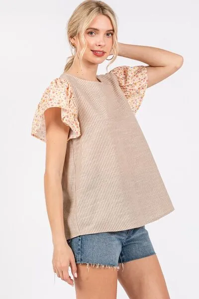 Ces Femme Round Neck Floral Short Sleeve Top