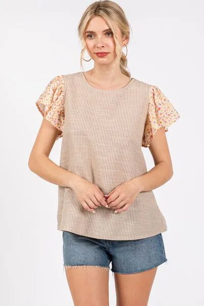 Ces Femme Round Neck Floral Short Sleeve Top