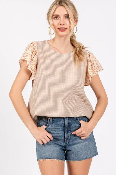Ces Femme Round Neck Floral Short Sleeve Top