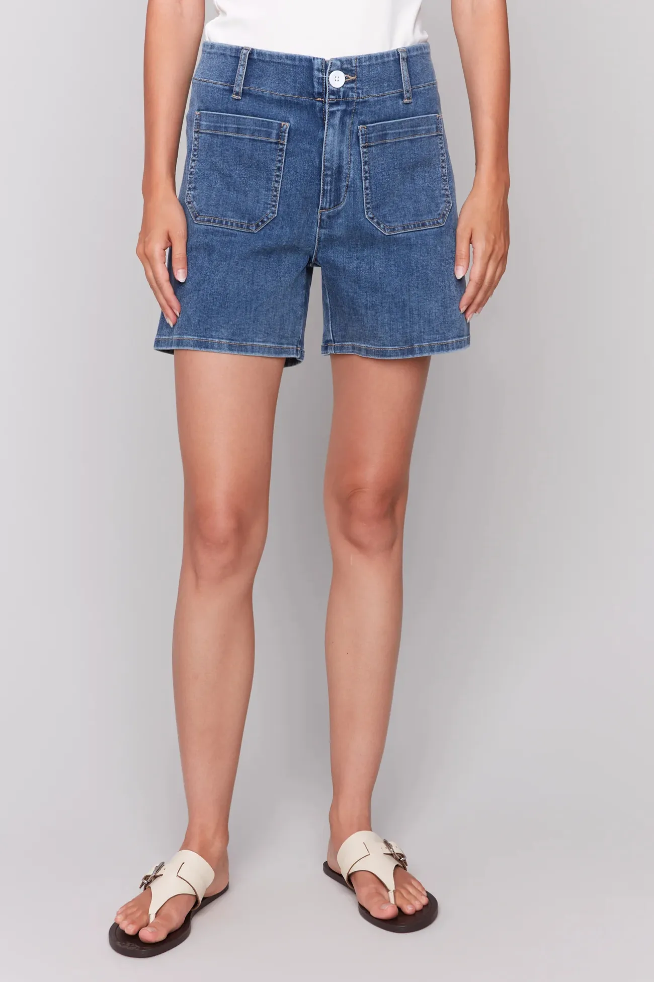 Charlie B Medium Blue Front Patch Pocket Denim Shorts