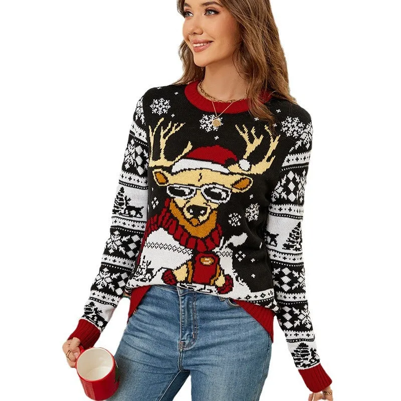 Charming Christmas Elk Jacquard Knitted Pullover Sweater for Cozy Holiday Style