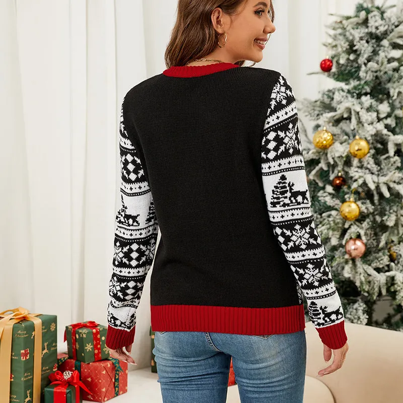 Charming Christmas Elk Jacquard Knitted Pullover Sweater for Cozy Holiday Style