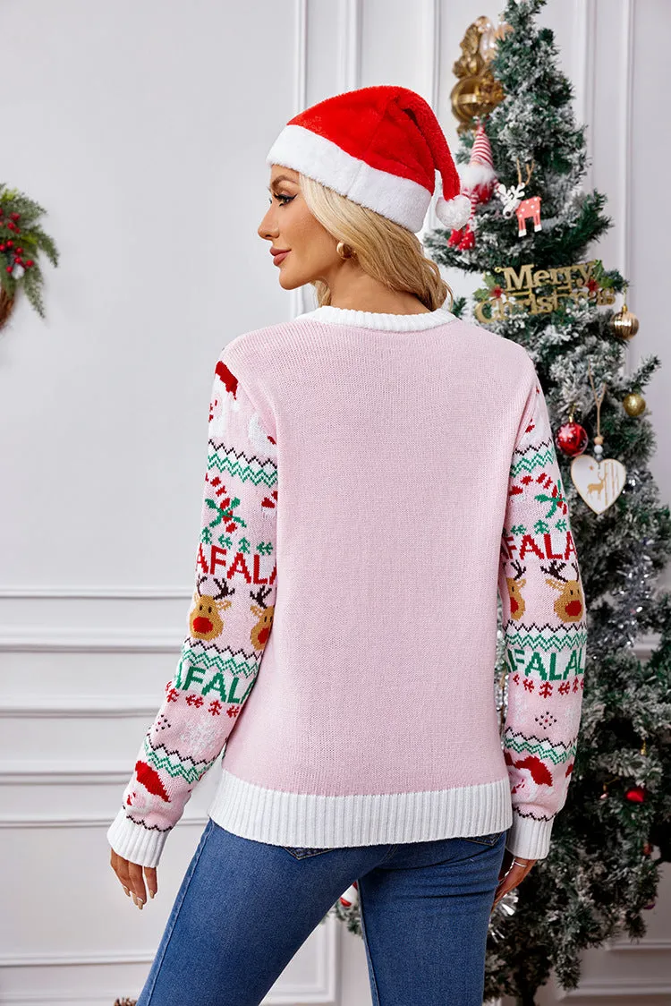 Charming Pink Sweet Knitted Jacquard Christmas Sweater for Festive Elegance