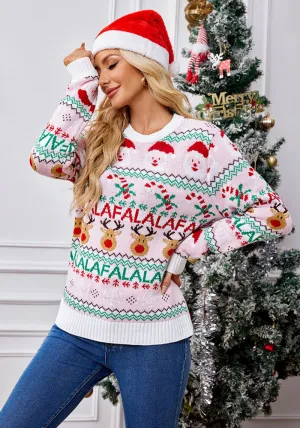 Charming Pink Sweet Knitted Jacquard Christmas Sweater for Festive Elegance