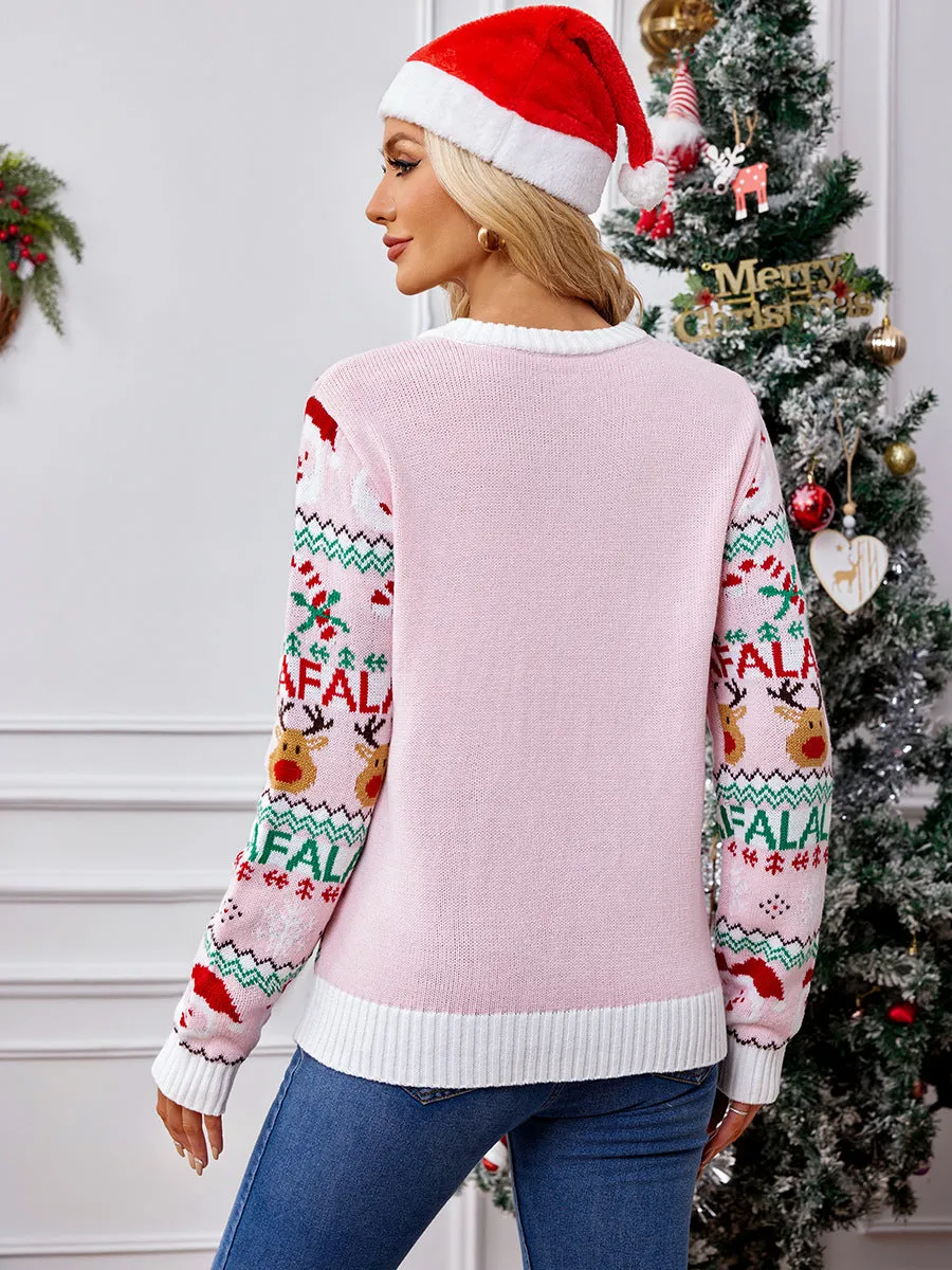 Charming Pink Sweet Knitted Jacquard Christmas Sweater for Festive Elegance