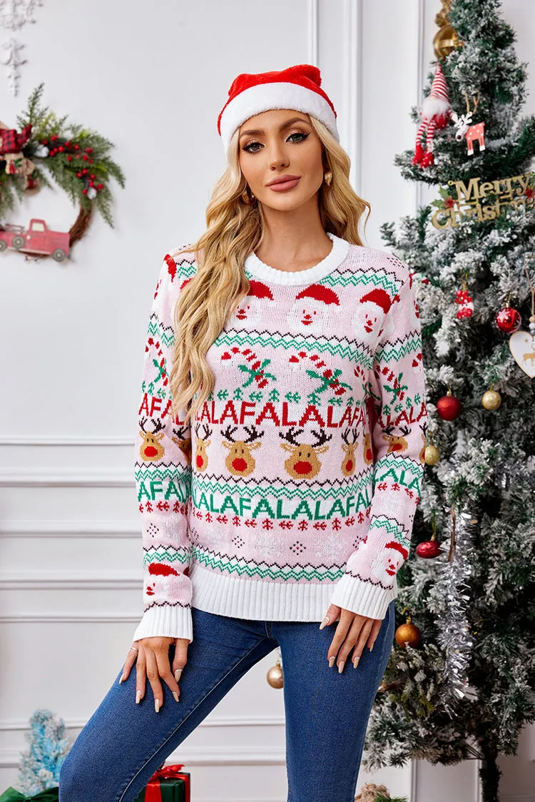 Charming Pink Sweet Knitted Jacquard Christmas Sweater for Festive Elegance