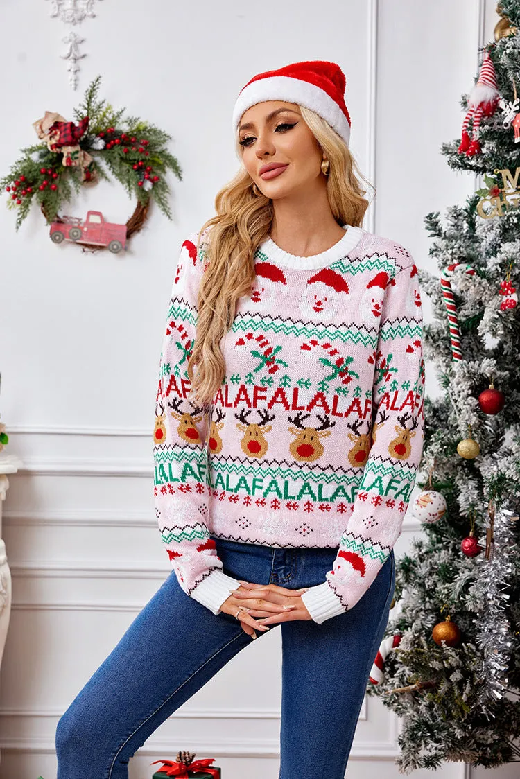 Charming Pink Sweet Knitted Jacquard Christmas Sweater for Festive Elegance