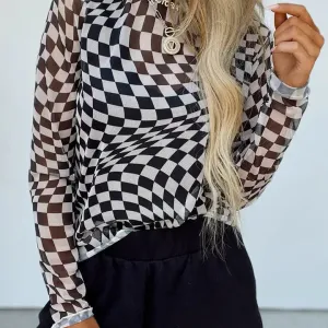 Checkered Mesh Long Sleeve Top