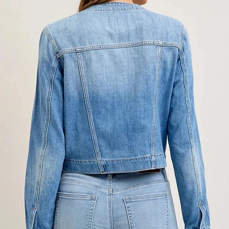 Chic Slim-Fit Short Denim Jacket with Multi-Pocket Design