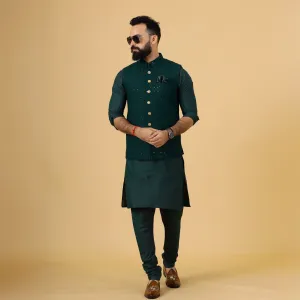 Classy Dark Green Chikankari Half Jodhpuri Jacket with Dark Green Kurta-Pajama for Men