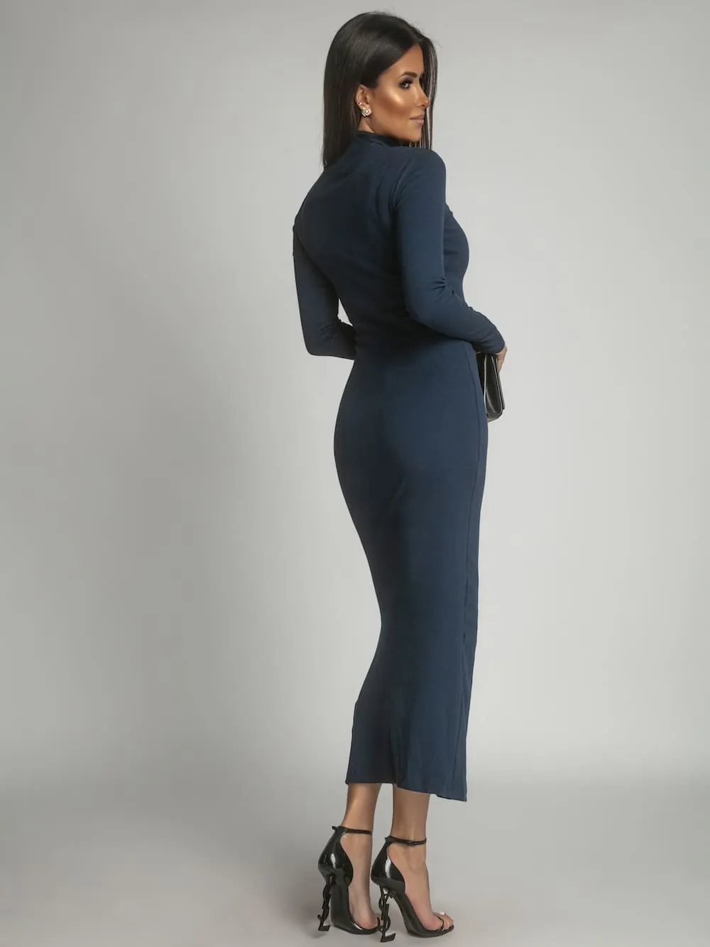 Cotton fitted maxi dress with a turtleneck, navy blue FG680