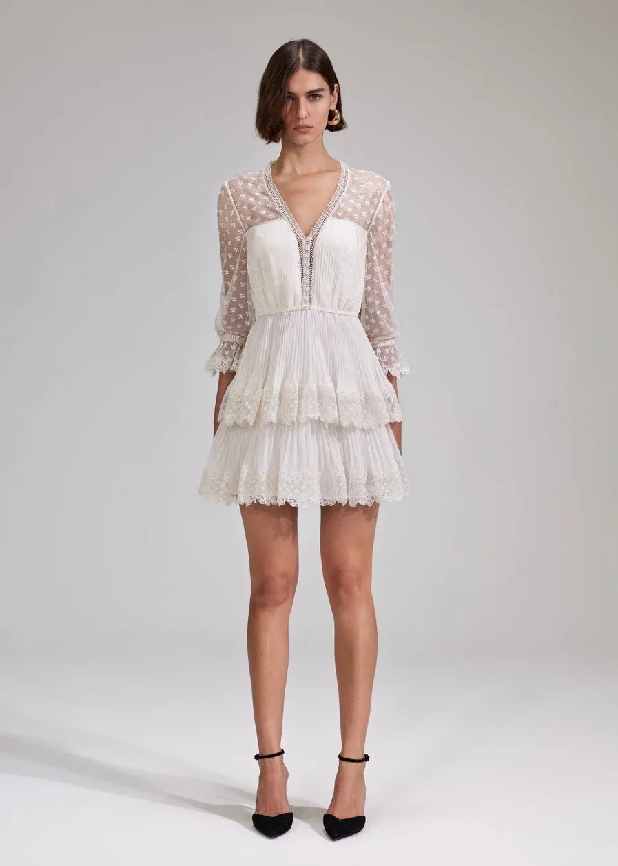 Cream Chiffon Lace Tiered Mini Dress (Cream)