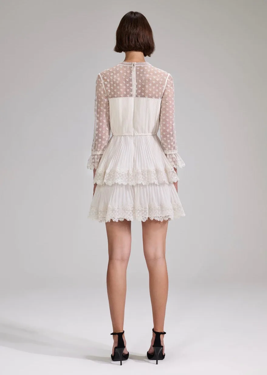 Cream Chiffon Lace Tiered Mini Dress (Cream)